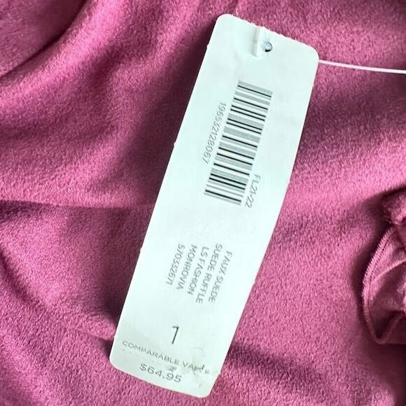 Chico’s Plum Purple Faux Suede Ruffle Button Shirt Long Sleeve Top Size 1 Medium - Picture 8 of 9